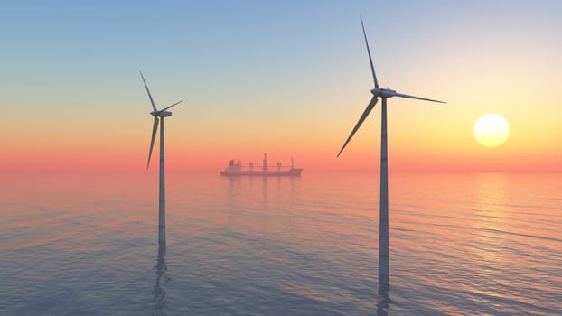 Computer generated 3D illustration with offshore wind turbines and cargo ship at sunset