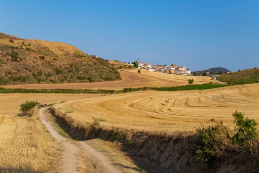 Navarre, Spain, 26 August, 2022: Pilgrims walk along the Camino De Santiago, the Way of St. James pilgrimage route, Navarra, Spain.