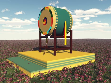 Computer generated 3D illustration with a drum for a korean ceremonial in a landscape