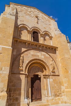 Romanesque Basilica of san isidoro and monastery in the old town of Leon in a sunny day. Castilla y Leon, Spain.