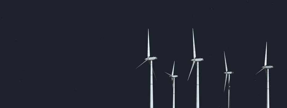 Computer generated 3D illustration with wind turbines at night