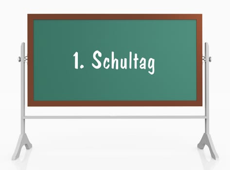 Computer generated 3D illustration of a chalkboard with German text 1. Schultag