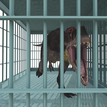 Computer generated 3D illustration with the dinosaur Tyrannotitan in an animal cage