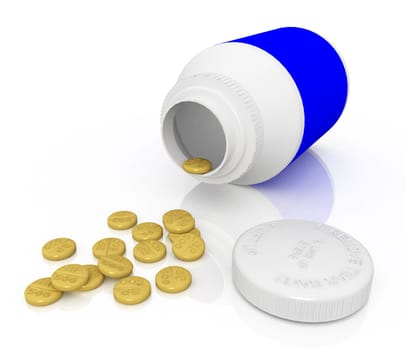 Computer generated 3D illustration of a medicine bottle with pills against a white background