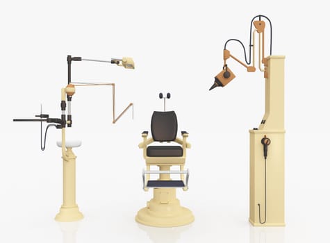 Computer generated 3D illustration with a dentist office against a white background
