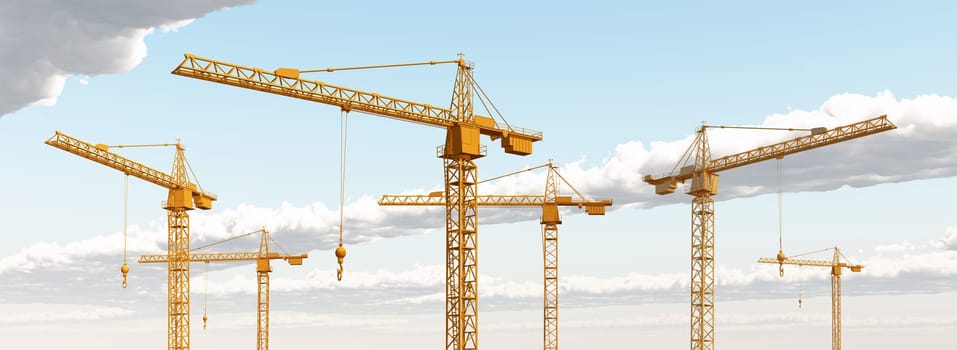 Computer generated 3D illustration with construction cranes against a blue sky with clouds