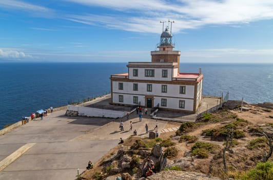 Fisterra, Galicia, Spain: 27 August 2022: Cape Finisterre Lighthouse on the western coast of Galicia