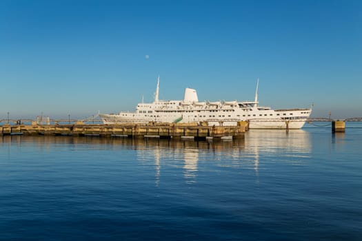 Lisbon, Portugal - February 3, 2022 - View of ship named Funchal (Paquete Funchal) in the pier cais da matinha