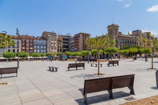 Pamplona, Spain - August 22, 2022:The central square Plaza Del Castillo in Pamplona, Spain
