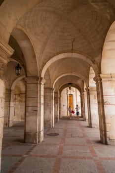 Santiago de Compostela, Spain - 13 May 2015: Archs od the Palace de Raxoi on Obradoiro Square, Santiago de compostela