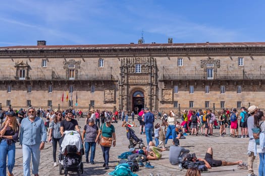 Santiago de Compostela, Spain: April 05, 2023. Main Square at the Cathedral of Santiago and Obradoiro Square. Tourists and pilgrims