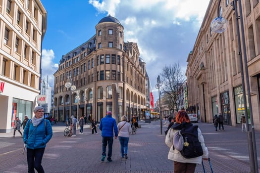 Cologne, Germany: 27 March 2023: High street in Cologne city, Schildergasse at early afternoon with few people
