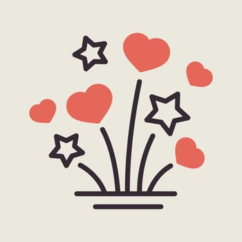 Fireworks explosion splash with stars and hearts isolated icon. Vector illustration, romance elements. Sticker, patch, badge, card for marriage, valentine