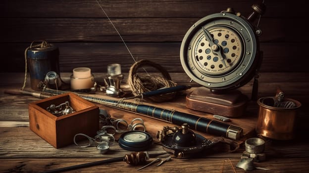 Fishing theme. Frame with reel, rod, fishing buoy, compass, feeder, knife and fish string on wooden background. Generative ai