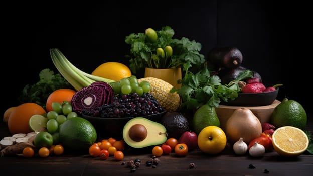 Fresh vegetables, fruits and seeds on black table, flat lay, generative ai