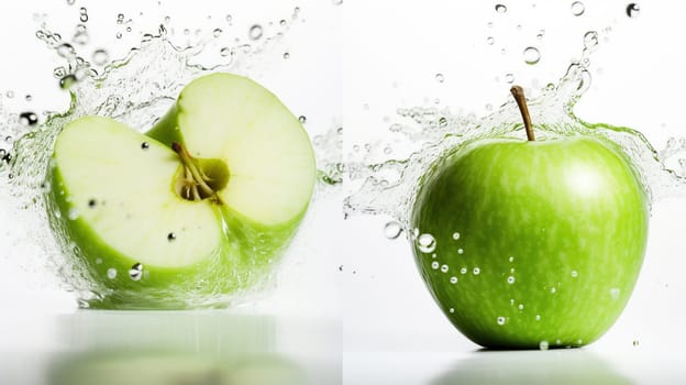 Fresh green apple and splash of water on isolated white background, generative ai