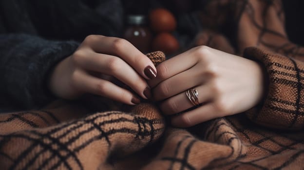 Female hands with beautiful brown manicure on knitted plaid, generative ai
