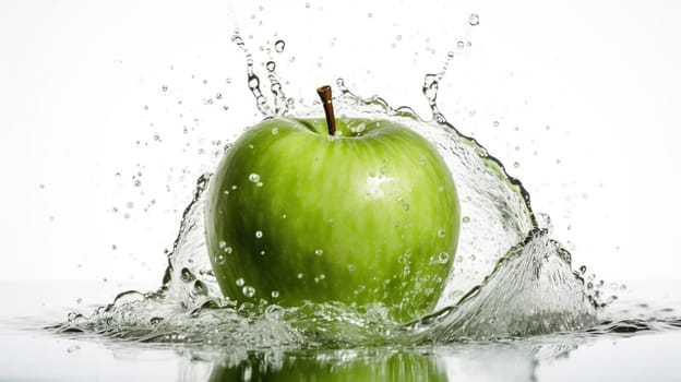 Fresh green apple and splash of water on white background, generative ai