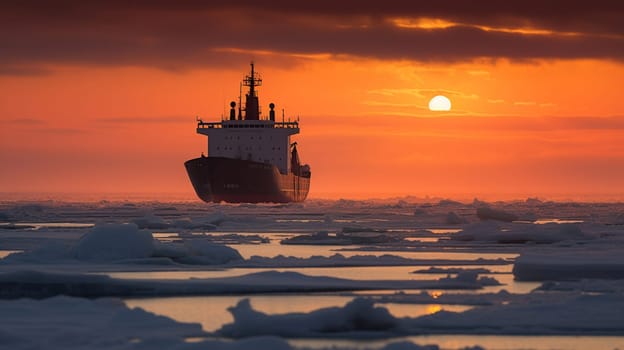 Beautiful sunset with Icebreaking vessel in Arctic, generative ai