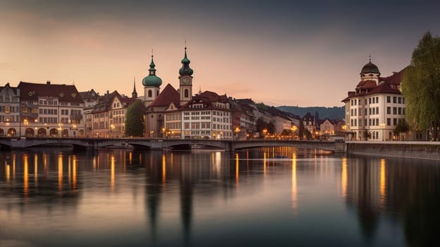 Dramatic scene with river and Jesuit church, Scenic evening panorama view of the Old Town. Wonderful vivid cityscape during sunset, generative ai