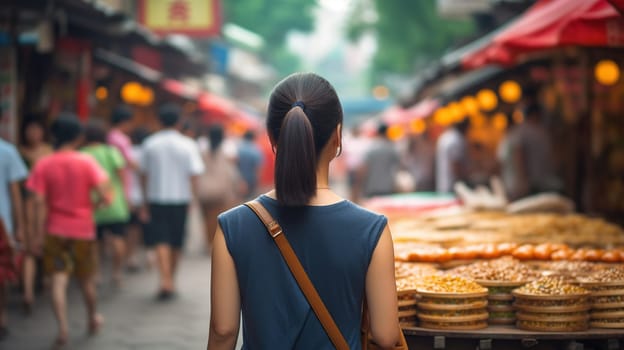 Woman tourist walking in chinatown on china travel. Asian girl on Wangfujing food street during Asia summer vacation, generative ai