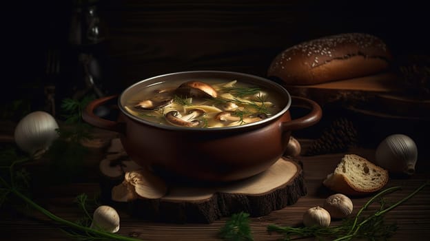 Delicious hot porcini soup in copper pan. Tasty seasonal autumn meal. Fresh mashrooms illustrate ingredients. Concept of homemade russian food. Generative ai