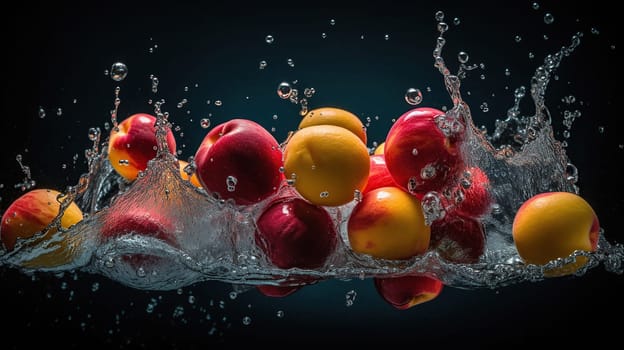 fresh multi fruits splashing into clear water splash healthy food diet freshness, generative ai