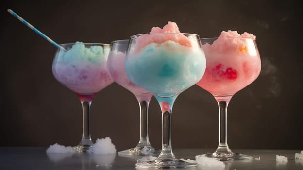 Glasses with tasty cotton candy cocktail on black background, generative ai