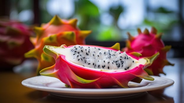 Dragon fruit slice on white plate with blur background, fresh white and pink red purple dragon fruit tropical, generative ai