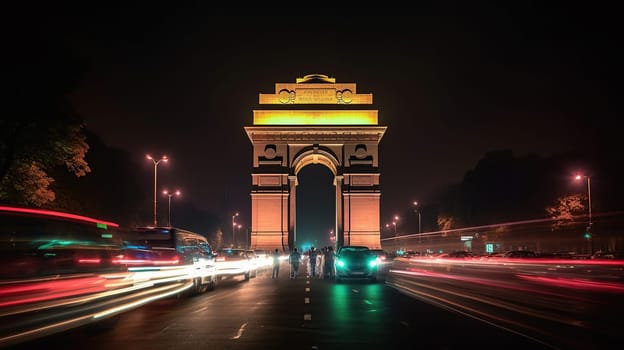 India gate at night with multicolored lights. This landmark is one of the main attractions of Delhi and a popular tourist destination. generative ai