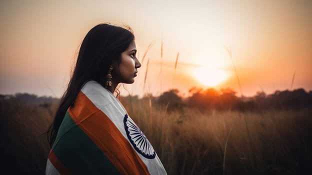 Beautuful woman holding Indian flag tricolour, wearing tradition sari, generative ai