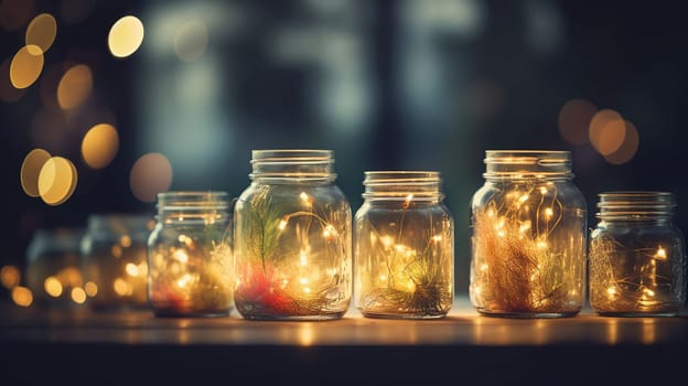 Abstract Christmas Card With Defocused Vintage Effects - String light With Trees In Glass Jars Decoration, generative ai