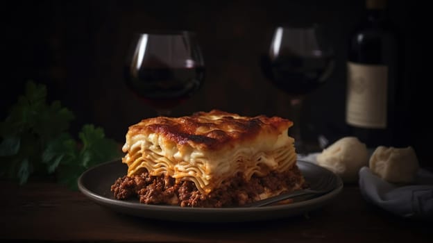 Piece of tasty hot lasagna with red wine. Small depth of field. Traditional italian lasagna. Italian food. Food on black plate. Bolognese sauce. Bechamel sauce. Still life of food, generative ai