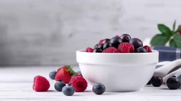 Bowl of fresh mixed berries and yogurt with farm fresh blueberries served on a wooden table, generative ai