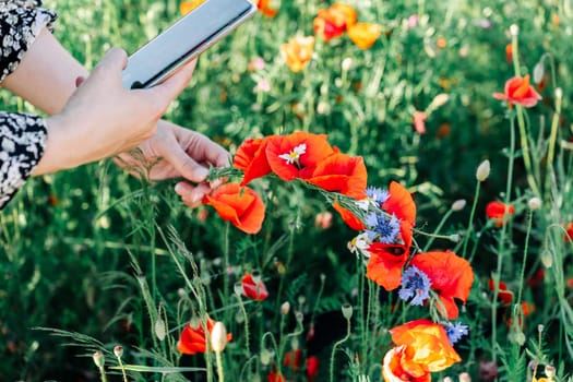 A woman takes a photo on her mobile phone of a wreath of wildflowers, red poppies and blue cornflowers