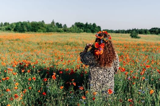 Plus, a woman with long curly hair in a dress stands among a flower poppy meadow in early summer in a wreath of red poppies and holds a bunch of poppies.