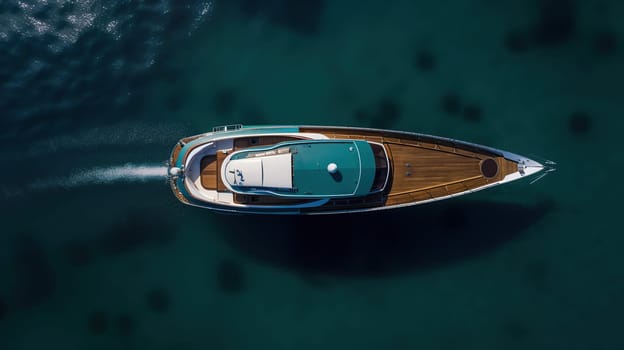 Aerial drone top down photo of luxury yacht nose with wooden deck anchored , generative ai