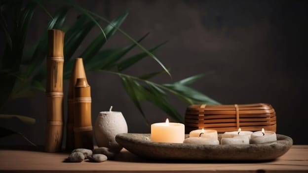 Spa still life with stacked of stone,burning candle and bamboo leaf, generative ai