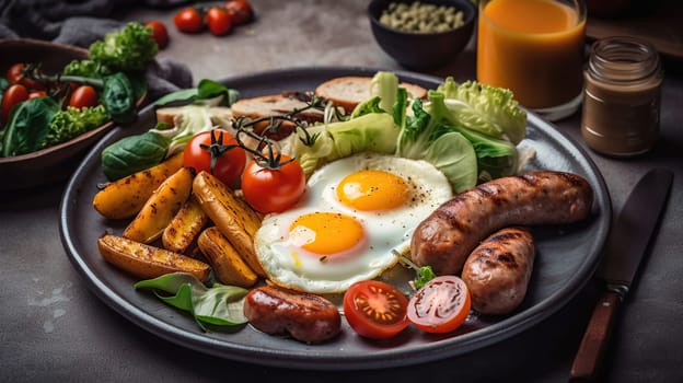 Healthy ketogenic lunch plate with vegetables, fried egg and sausages served on the concrete plate, generative ai