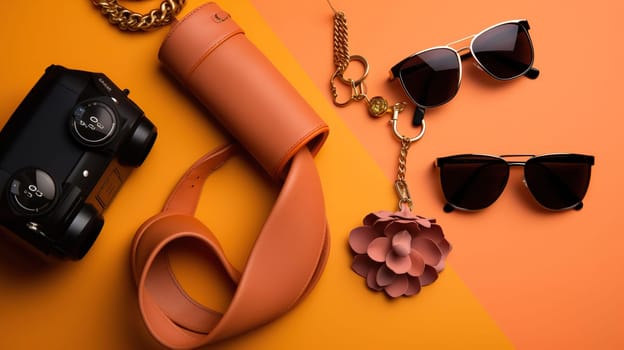 Different stylish female accessories on color background, closeup, generative ai