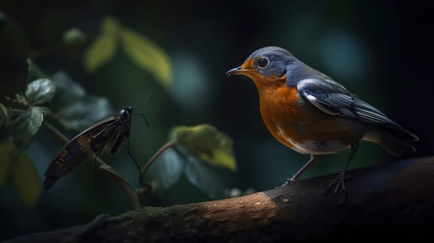 Beautiful background image of a wild robin (Erithacus rubecula) with stunning colors and a monarch butterfly (Danaus plexippus) standing on a branch. Tiny and cute bird looking at a prey butterfly, generative ai