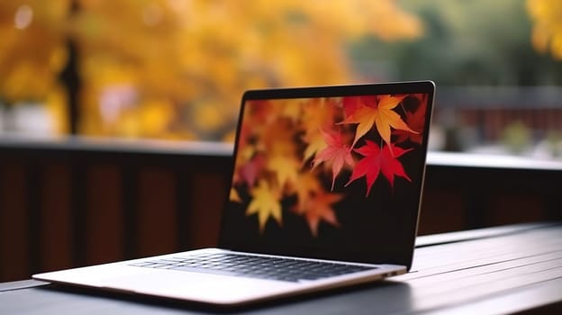Blank screen laptop computer on terrace with beautiful autumn colorful red and yellow maple leaves background, generative ai