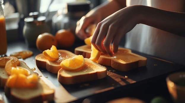 Beautiful young woman making tasty toasts in kitchen, closeup, generative ai