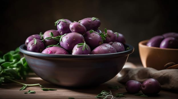 Bowl of raw purple potatoes, thyme and peeler, generative ai