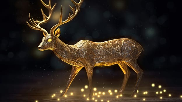 Christmas Illustration - Golden Reindeer In Abstract Night, generative ai