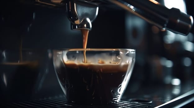 Close-up of espresso pouring from coffee machine. Professional coffee brewing, generative ai