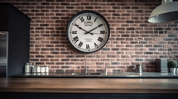 Big clock hanging on white brick wall in kitchen, generative Ai