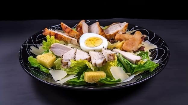 Chicken Caesar Salad. Caesar Salad with grilled chicken and croutons. Grilled chicken and fresh green salad isolated, generative ai