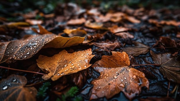 Close up of fallen leaves on ground in autumn covered in raindrops, generative ai