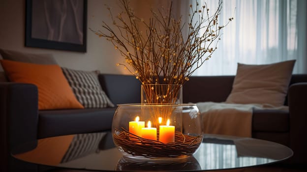 Stylish light room interior with comfortable sofa and burning candles and willow, generative ai